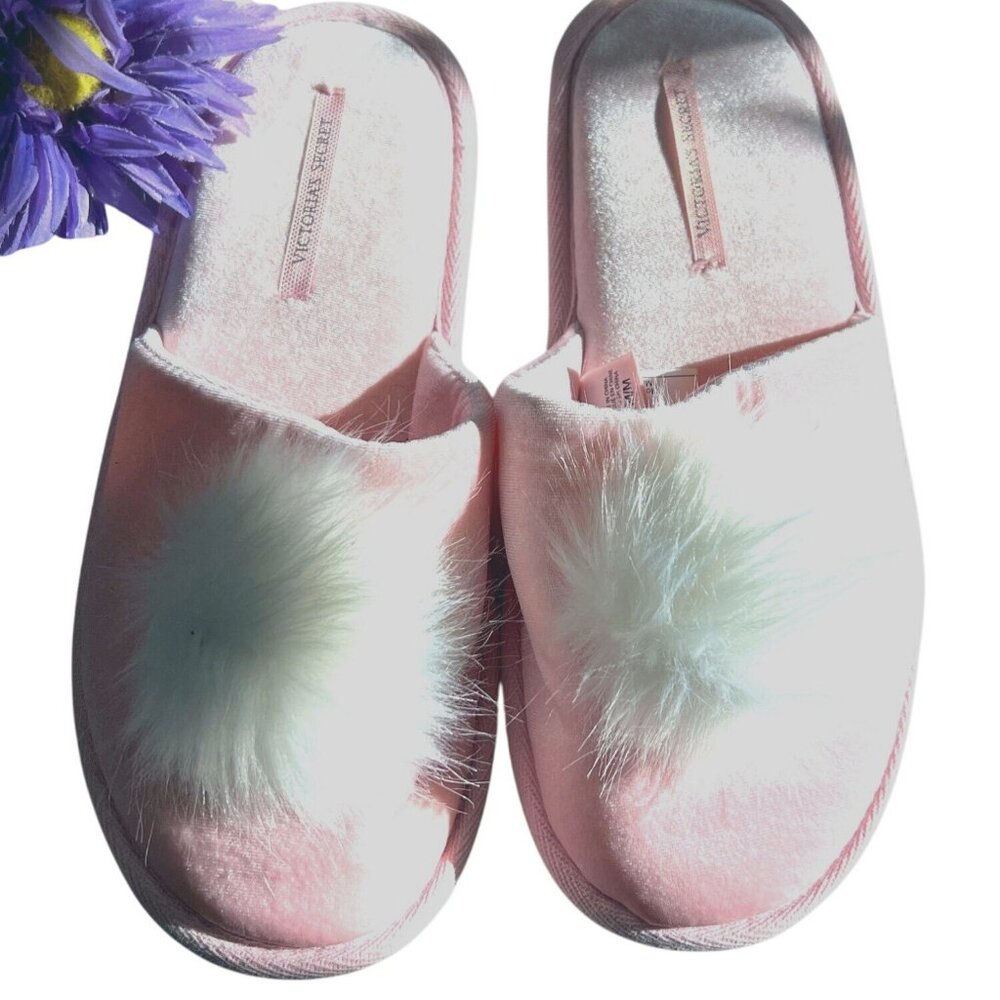 Victorias Secret Pink Velvet Slippers W/ Fur Pom Size M (7-8)